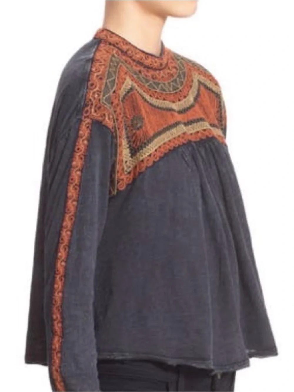 Free People Black Long-Sleeve Blouse with Rust Embroidery
